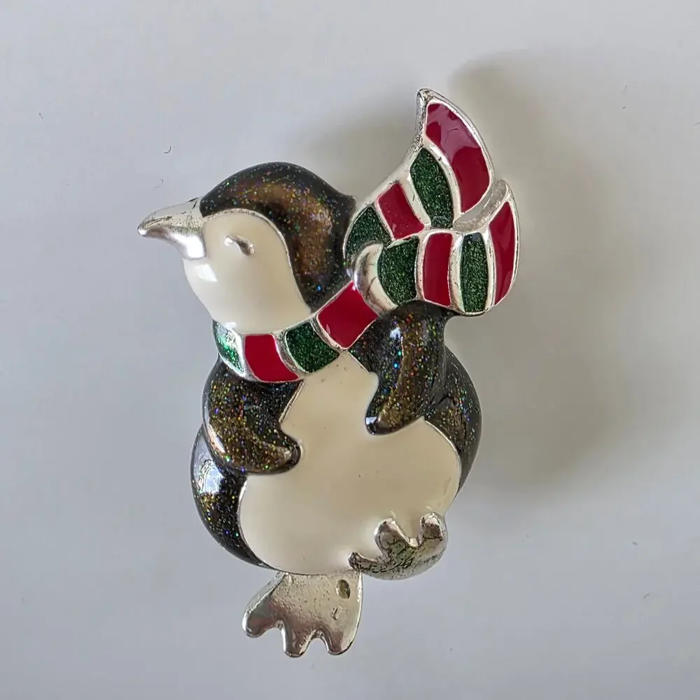 Vintage Enamel Penguin Brooch Winter Scarf Silver Tone Pin Holiday Jewelry
